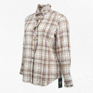 Y2K Lauren Jeans Co. Plaid Tan Ruffle Button Up 2000s Western Blouse Size XL
